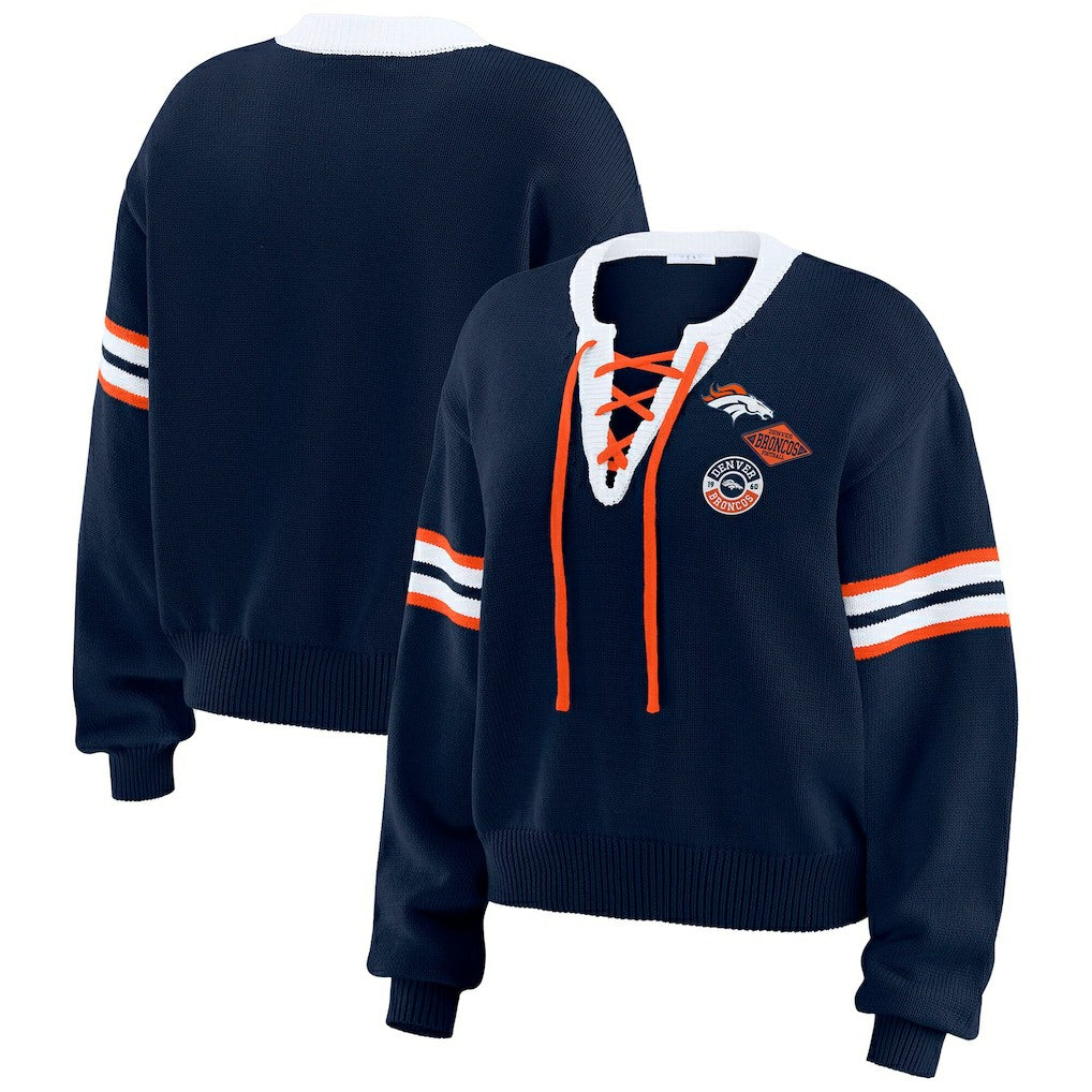 Denver Broncos WEAR by Erin Andrews Women's Lace-Up Sweater Navy - NFL