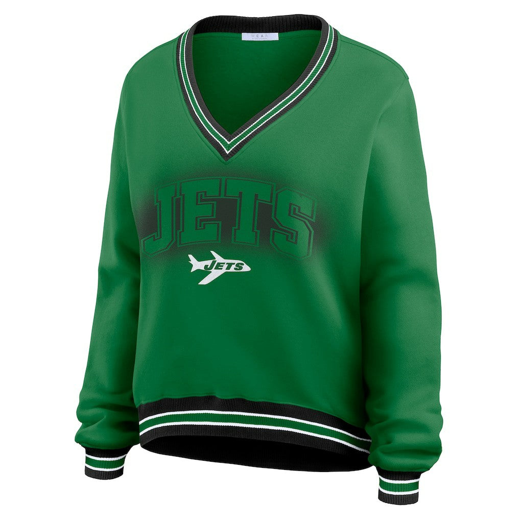 New York Jets WEAR by Erin Andrews Women's Oversized Long Sleeve V-Neck Sweatshirt Green - NFL