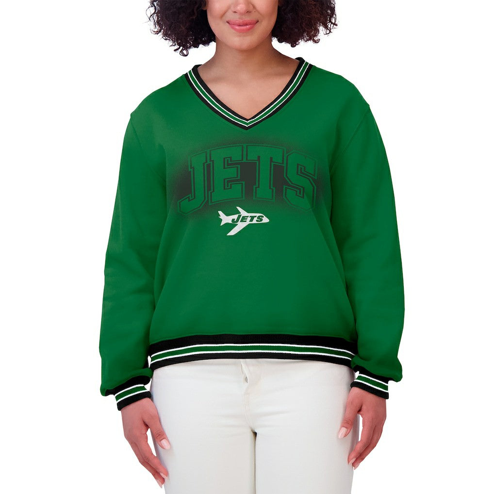 New York Jets WEAR by Erin Andrews Women's Oversized Long Sleeve V-Neck Sweatshirt Green - NFL