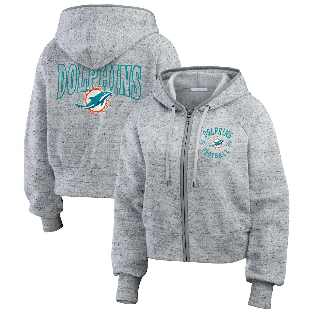 Miami Dolphins WEAR by Erin Andrews Women's Speckled Fleece Cropped Full-Zip Hoodie Heather Gray - NFL