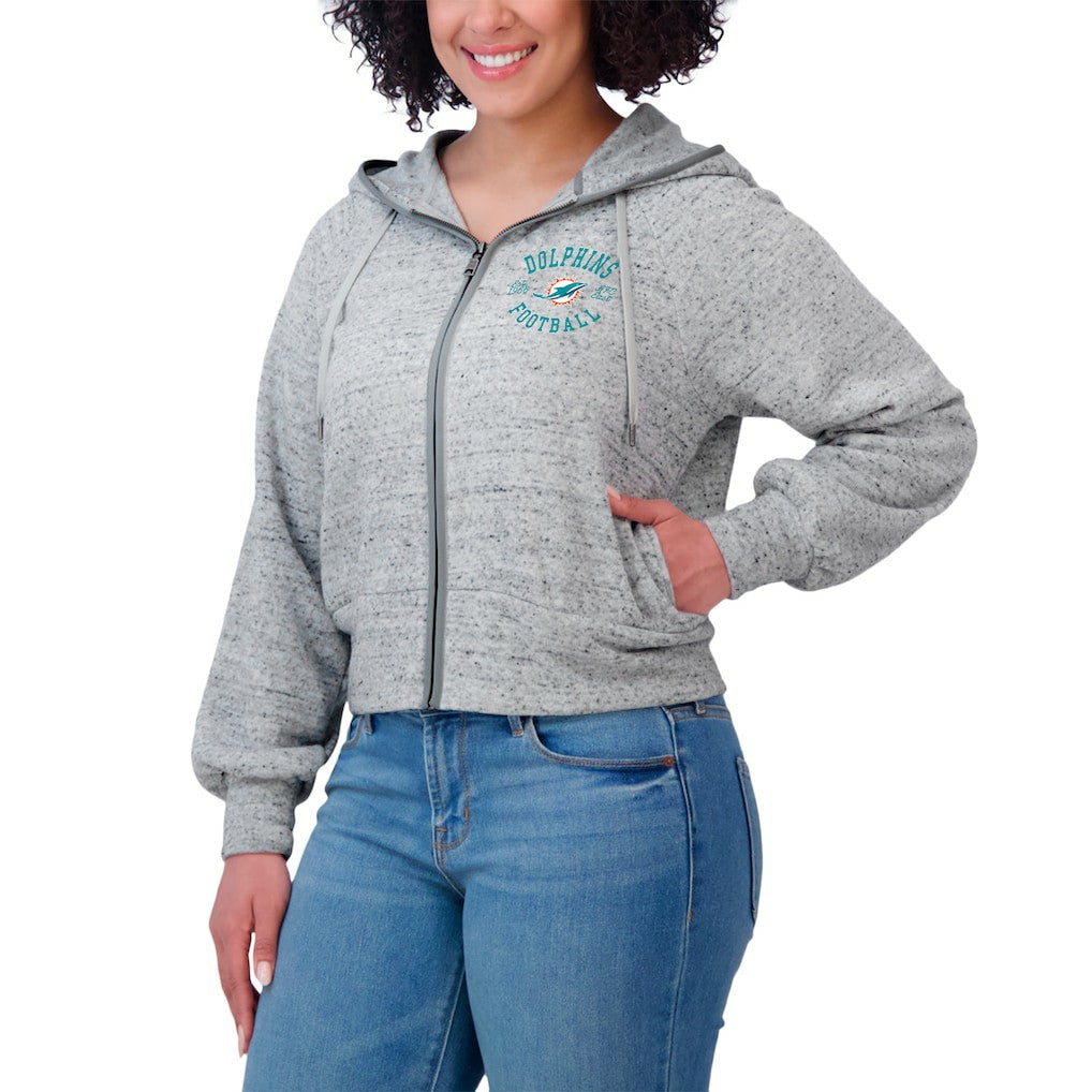 Miami Dolphins WEAR by Erin Andrews Women's Speckled Fleece Cropped Full-Zip Hoodie Heather Gray - NFL