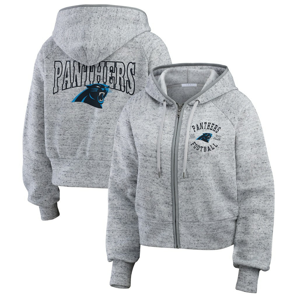 Carolina Panthers WEAR by Erin Andrews Women's Speckled Fleece Cropped Full-Zip Hoodie Heather Gray - NFL