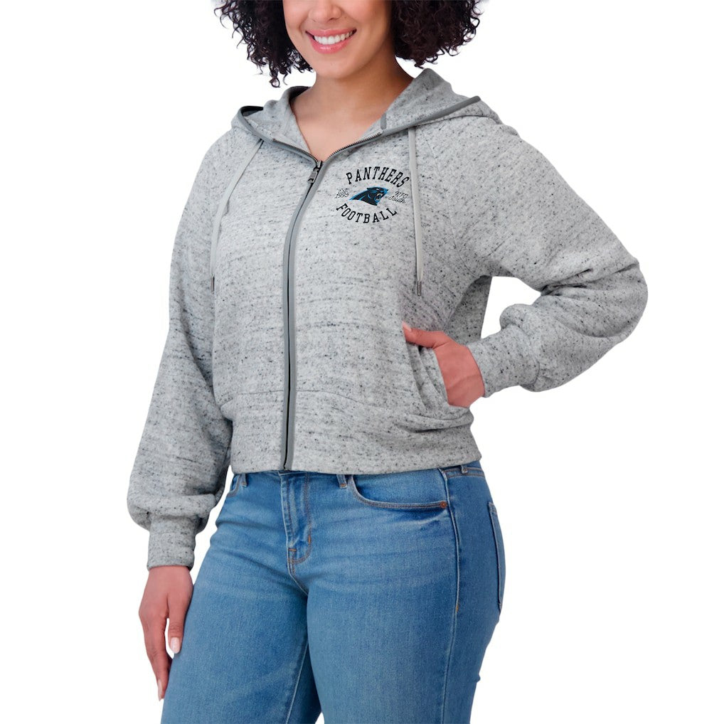 Carolina Panthers WEAR by Erin Andrews Women's Speckled Fleece Cropped Full-Zip Hoodie Heather Gray - NFL