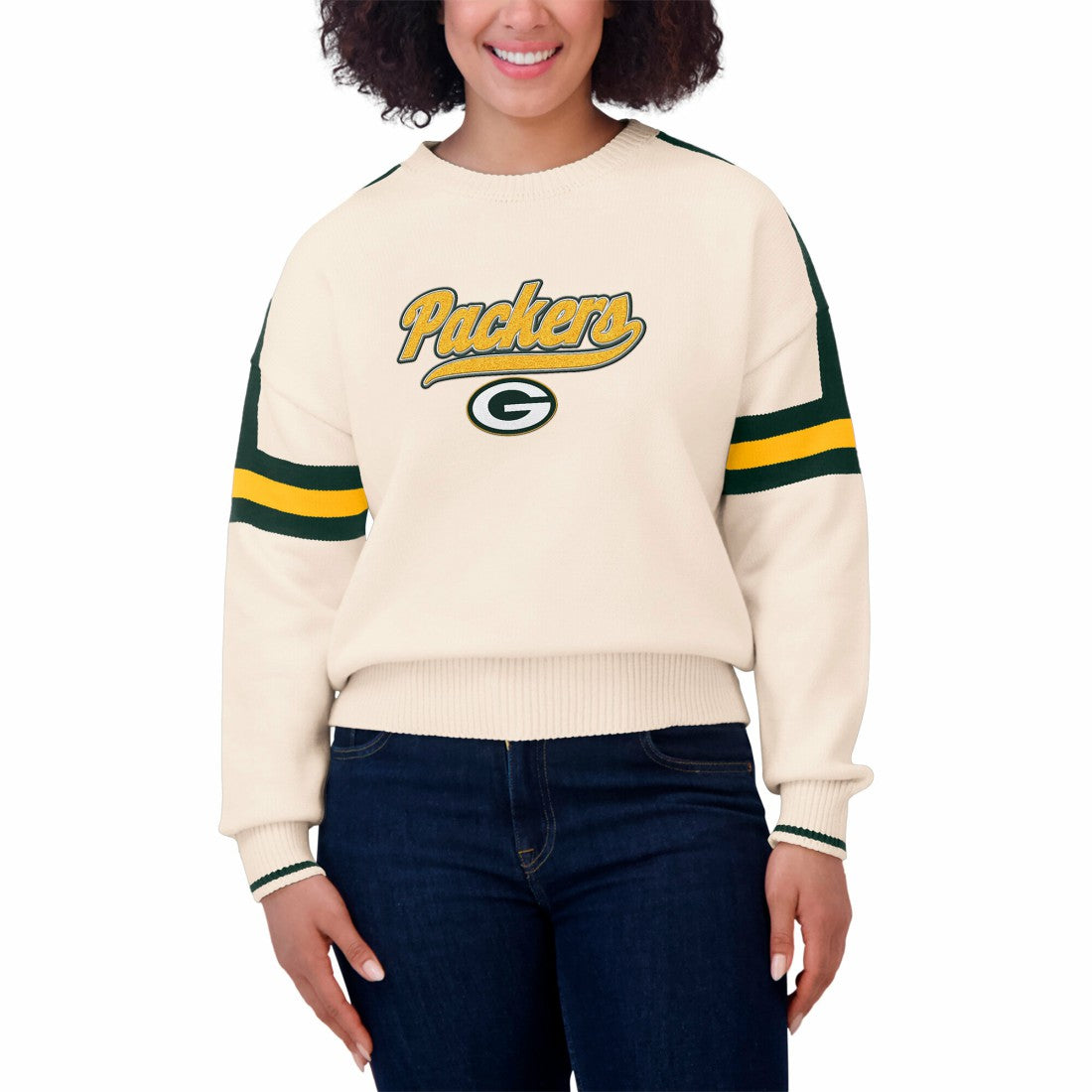 Green Bay Packers WEAR by Erin Andrews Women's Stripe Pullover Sweater Cream - NFL
