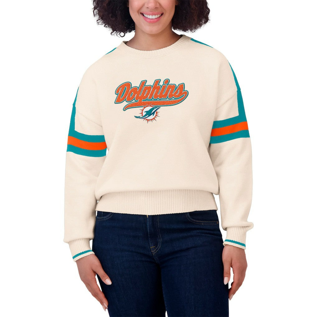 Miami Dolphins WEAR by Erin Andrews Women's Stripe Pullover Sweater Cream - NFL