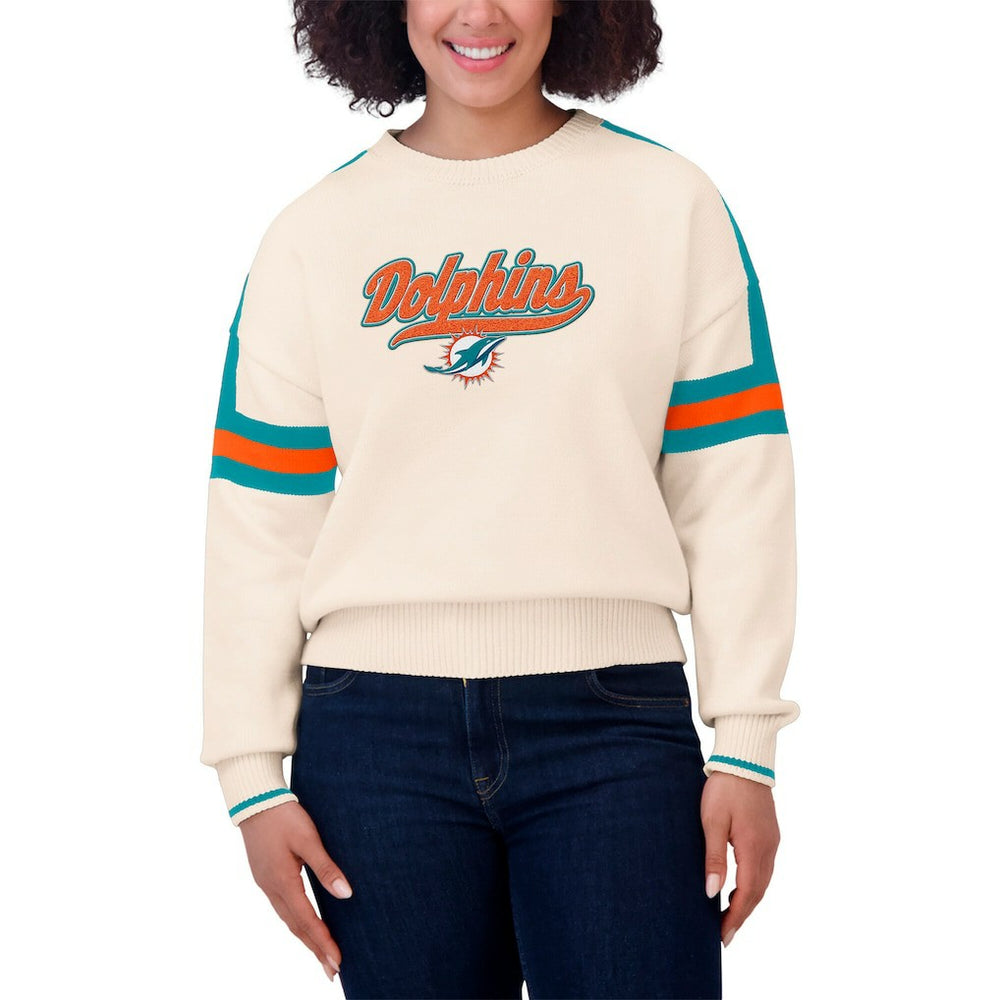 Miami Dolphins WEAR by Erin Andrews Women's Stripe Pullover Sweater Cream - NFL