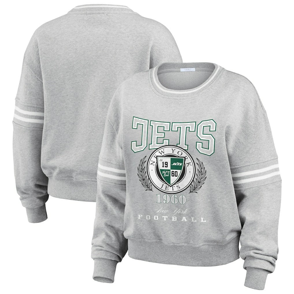 New York Jets WEAR by Erin Andrews Women's Crest Cropped Pullover Sweatshirt Heather Gray - NFL