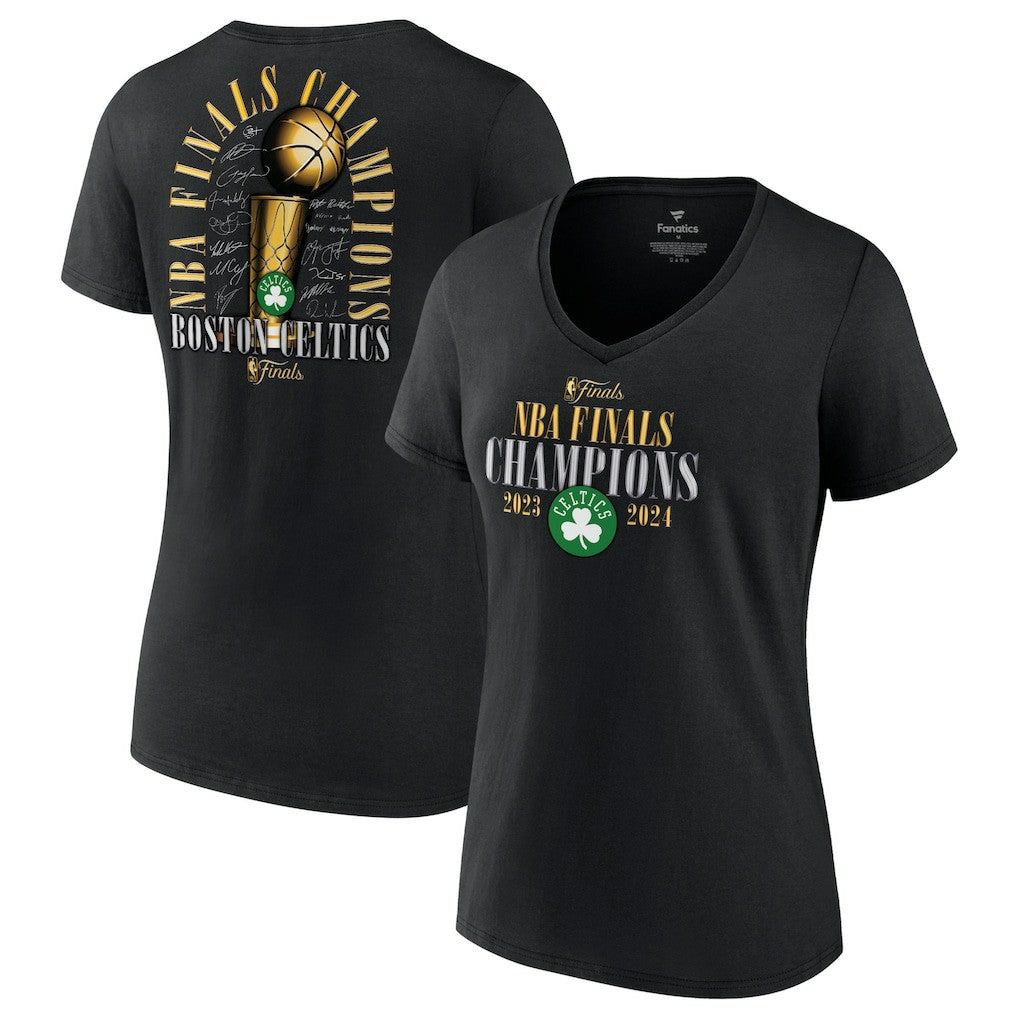 Fanatics - Boston Celtics Women's 2024 NBA Finals Champions Fade Away Jumper Roster Signature V-Neck T-Shirt - Black