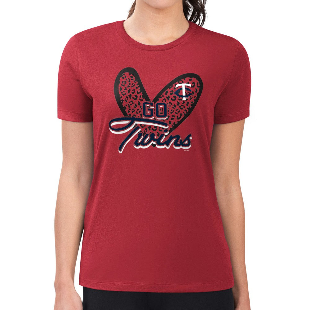 Minnesota Twins G-III 4Her by Carl Banks Women's Super-Slim Fit Lightweight Leopard Heart T-Shirt Clearance