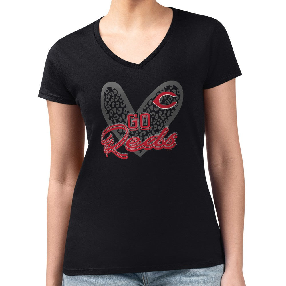 Cincinnati Reds G-III 4Her by Carl Banks Women's Super-Slim Fit Lightweight Leopard Heart V-Neck T-Shirt Near Me