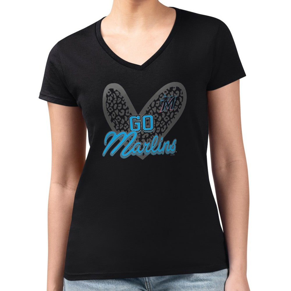 Miami Marlins G-III 4Her by Carl Banks Women's Super-Slim Fit Lightweight Leopard Heart V-Neck T-Shirt On Sale