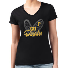 Pittsburgh Pirates G-III 4Her by Carl Banks Women's Super-Slim Fit Lightweight Leopard Heart V-Neck T-Shirt for sale