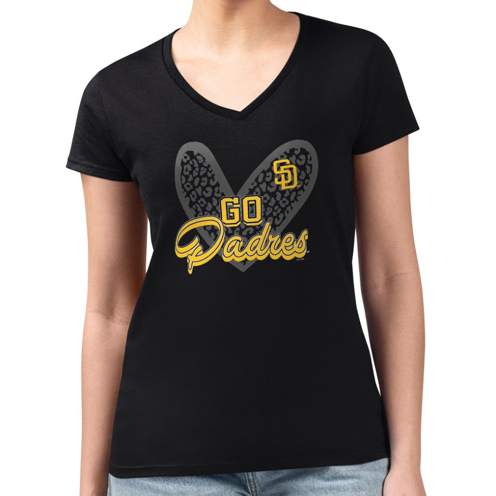 San Diego Padres G-III 4Her by Carl Banks Women's Super-Slim Fit Lightweight Leopard Heart V-Neck T-Shirt Sale
