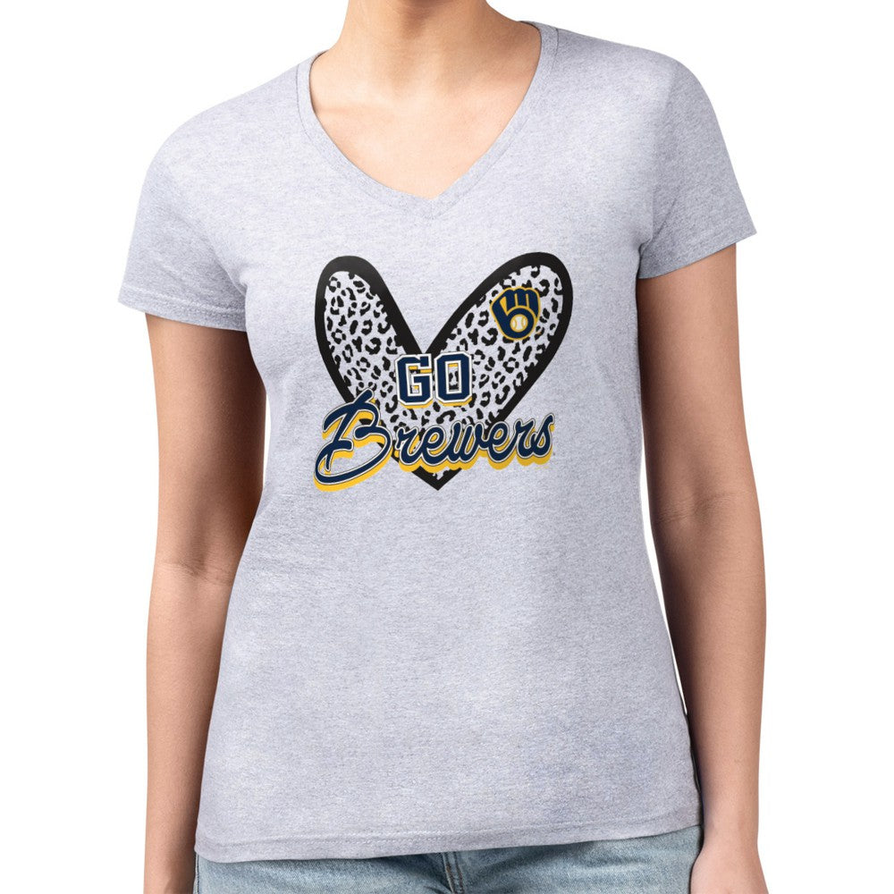 Milwaukee Brewers G-III 4Her by Carl Banks Women's Super-Slim Fit Lightweight Leopard Heart V-Neck T-Shirt Sale