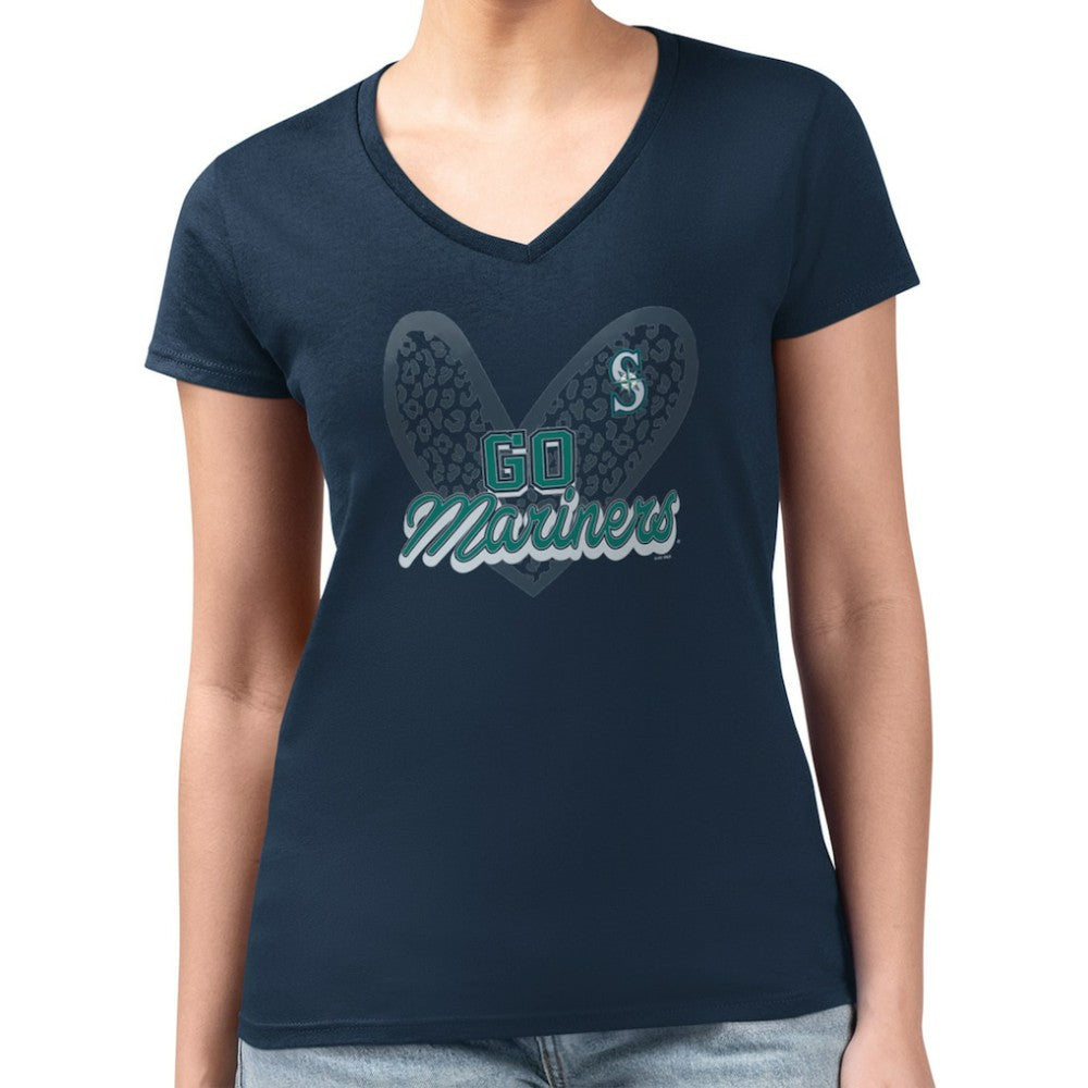 Seattle Mariners G-III 4Her by Carl Banks Women's Super-Slim Fit Lightweight Leopard Heart V-Neck T-Shirt discount