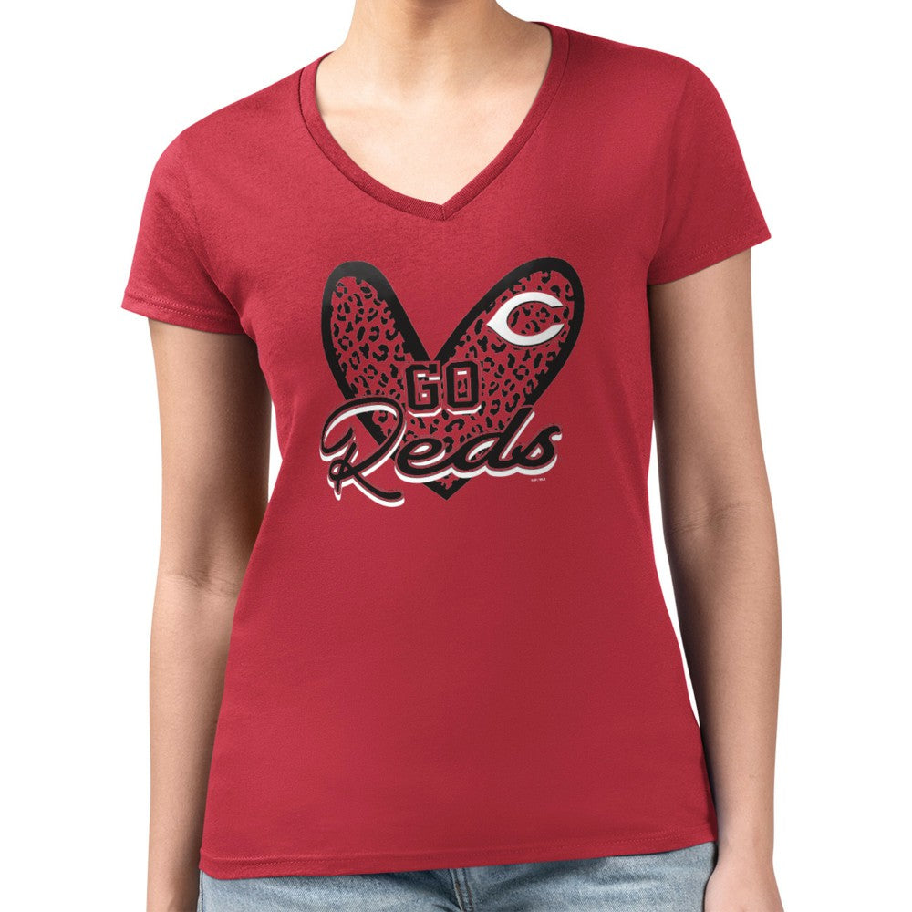 Cincinnati Reds G-III 4Her by Carl Banks Women's Super-Slim Fit Lightweight Leopard Heart V-Neck T-Shirt for sale
