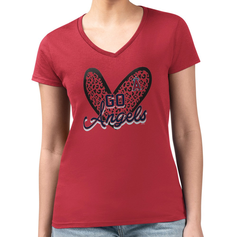Los Angeles Angels G-III 4Her by Carl Banks Women's Super-Slim Fit Lightweight Leopard Heart V-Neck T-Shirt On Sale
