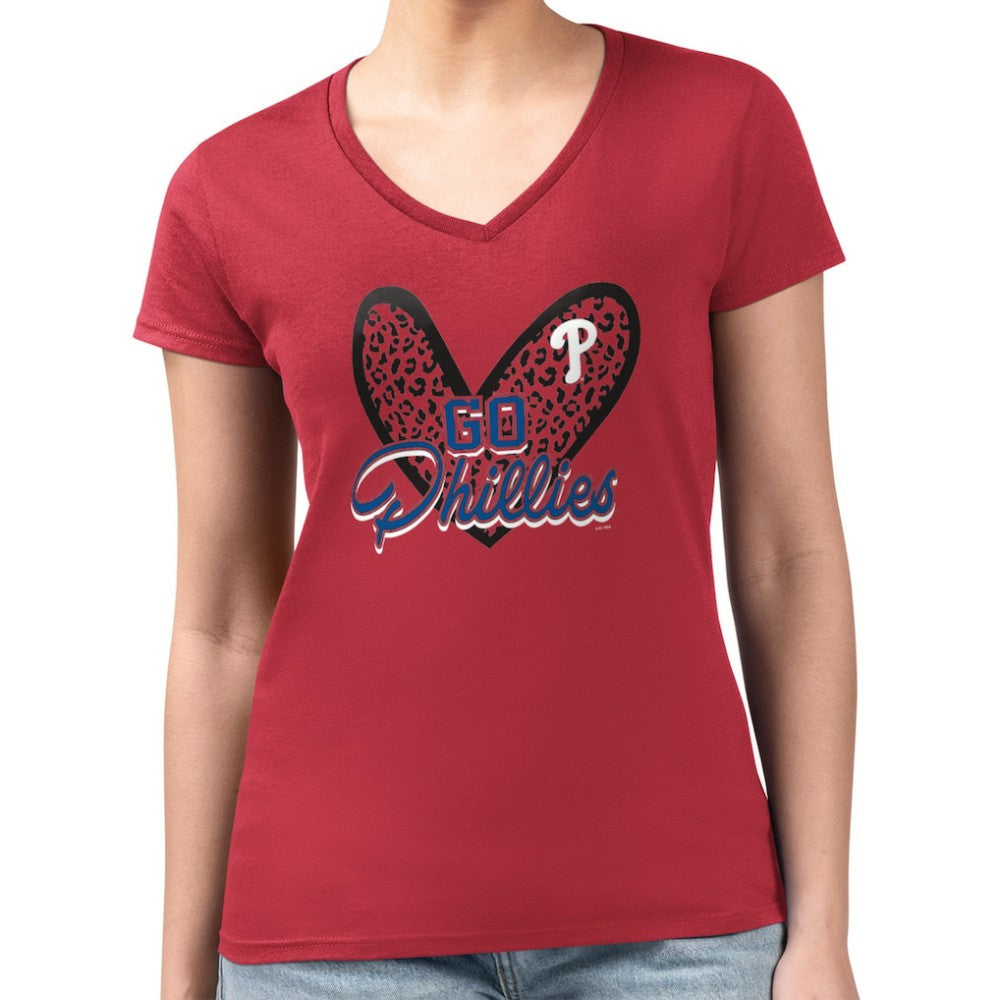 Philadelphia Phillies G-III 4Her by Carl Banks Women's Super-Slim Fit Lightweight Leopard Heart V-Neck T-Shirt discount