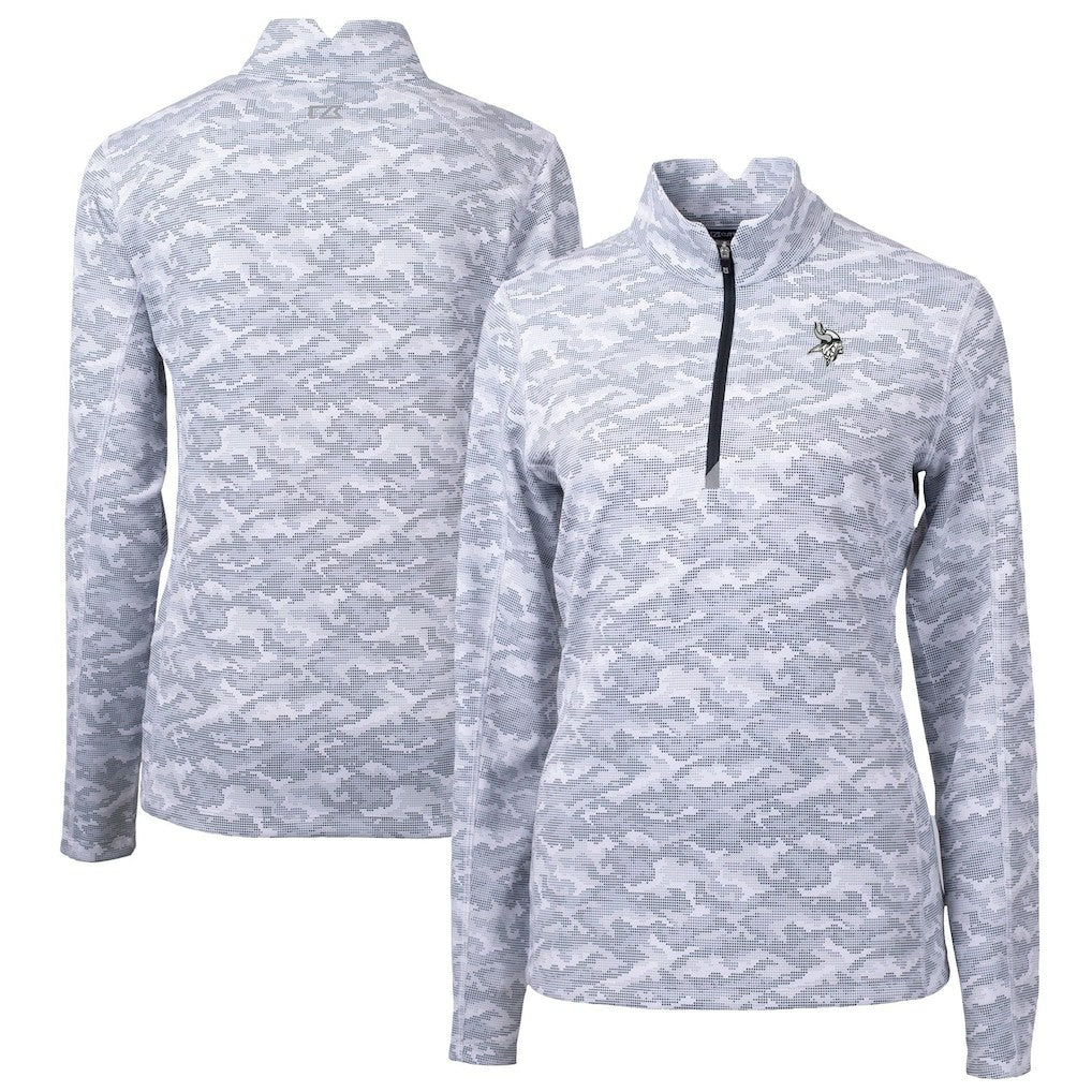 Minnesota Vikings Cutter & Buck Women's Traverse Camo Print Stretch Tri-Blend Quarter-Zip Top Gray - NFL