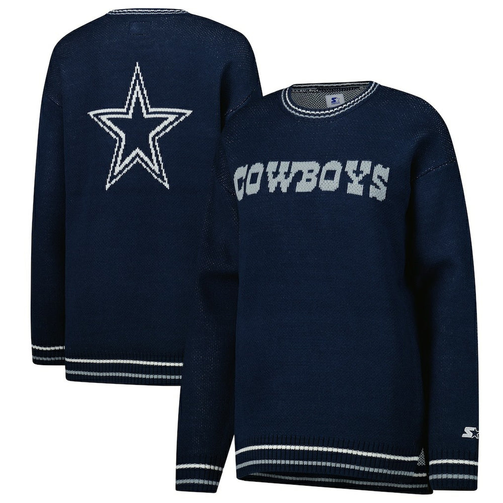 Dallas Cowboys Starter Women's Oversized On the Ball Intarsia Knit Pullover Sweater Navy - NFL