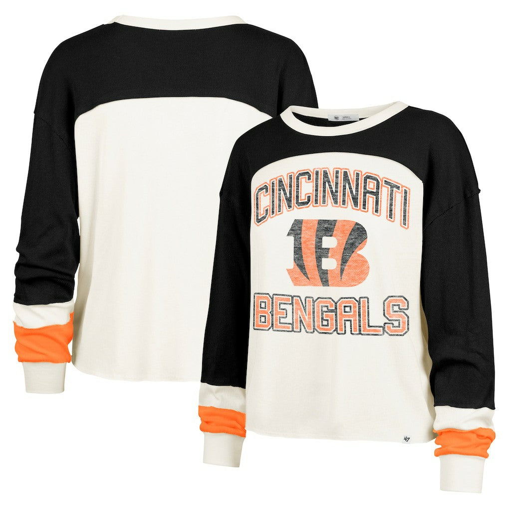 Cincinnati Bengals '47 Women's Double Header Curve Raglan Long Sleeve Crop Top Cream - 47 brand