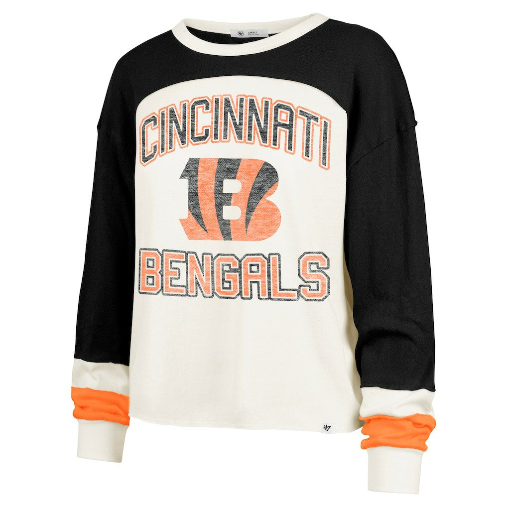 Cincinnati Bengals '47 Women's Double Header Curve Raglan Long Sleeve Crop Top Cream - 47 brand