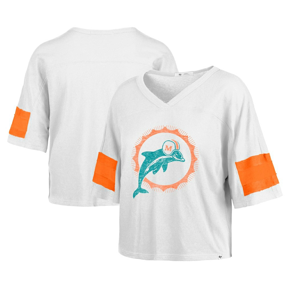 Miami Dolphins '47 Women's Double Header Scout Cropped V-Neck T-Shirt White - 47 brand