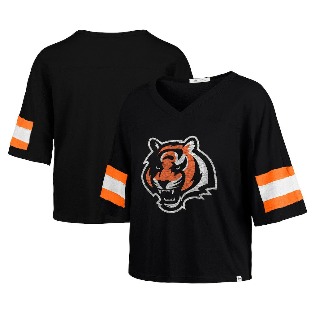 Cincinnati Bengals '47 Women's Double Header Scout Cropped V-Neck T-Shirt Black - 47 brand