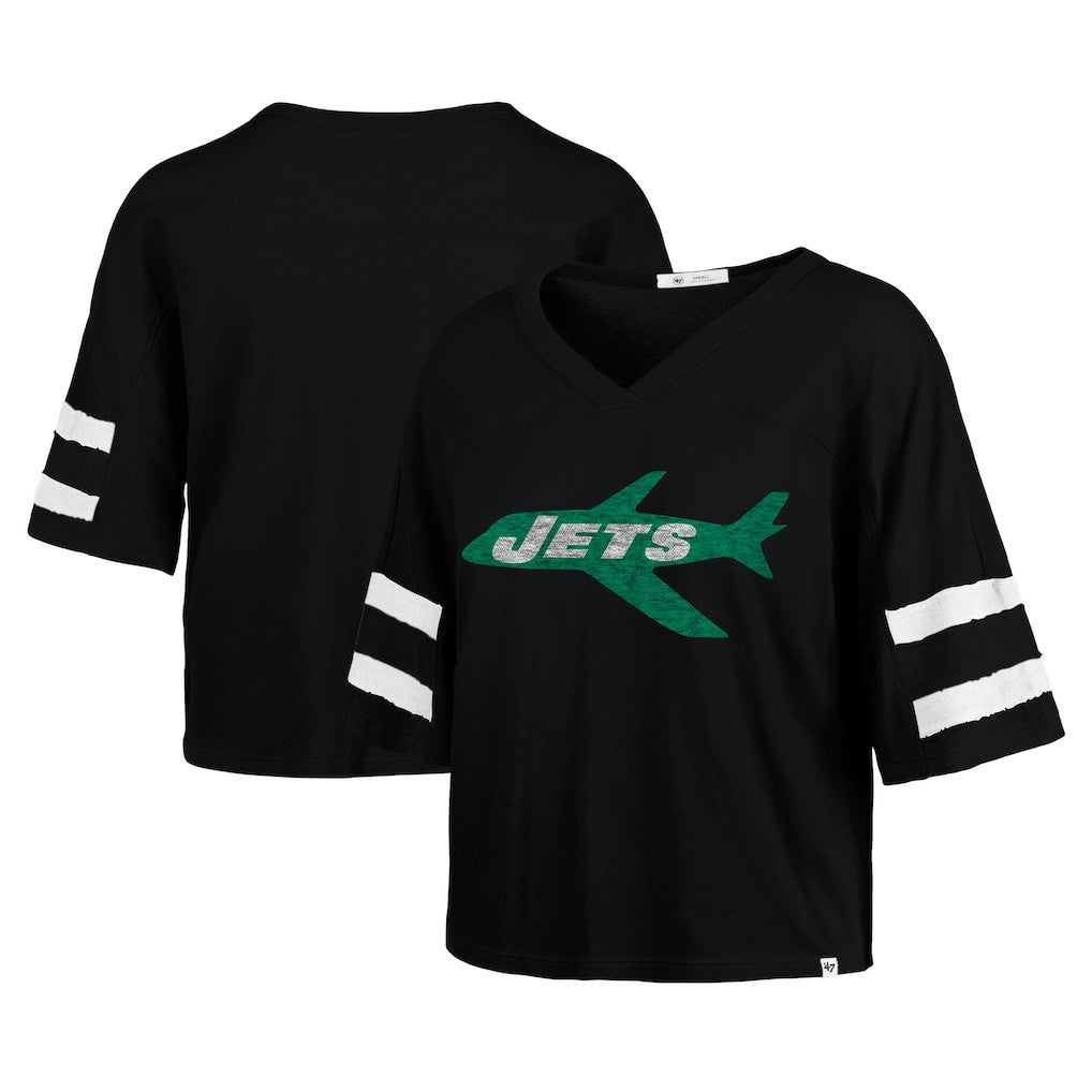 New York Jets '47 Women's Double Header Scout Cropped V-Neck T-Shirt Black - 47 brand