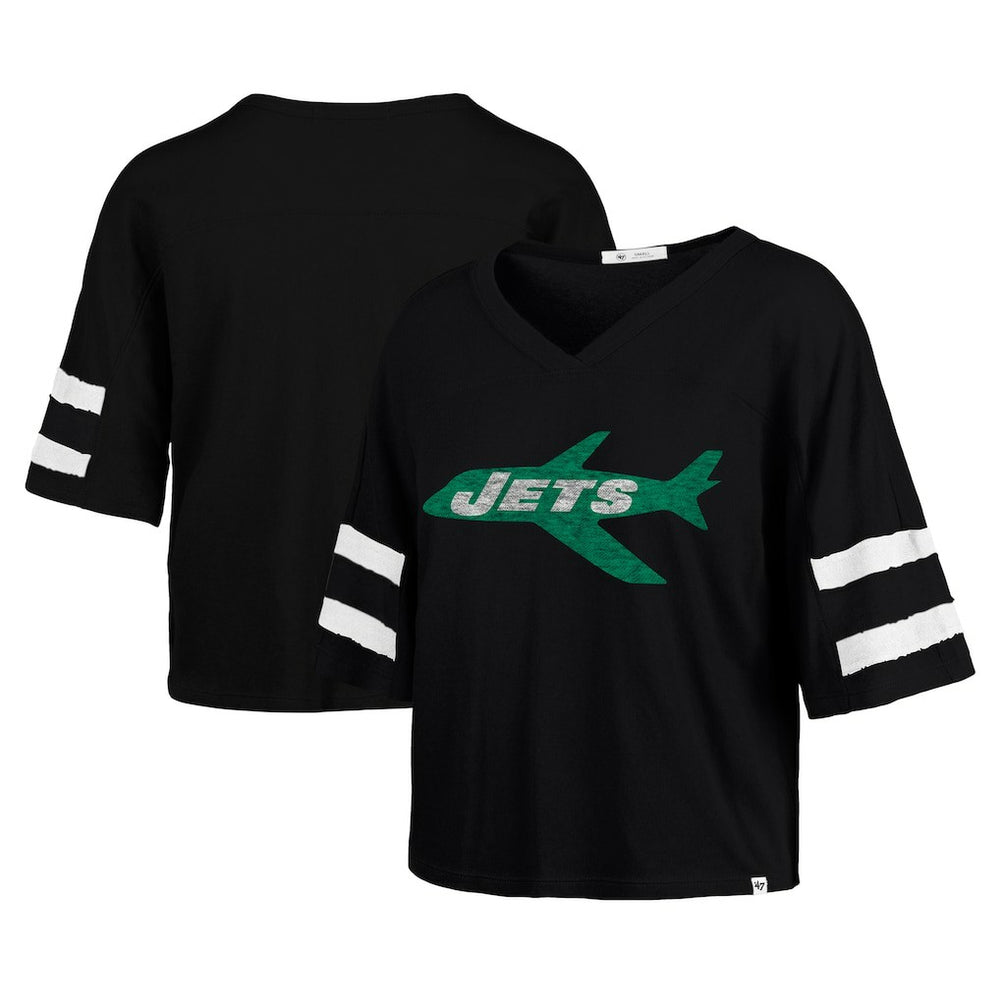 New York Jets '47 Women's Double Header Scout Cropped V-Neck T-Shirt Black - 47 brand
