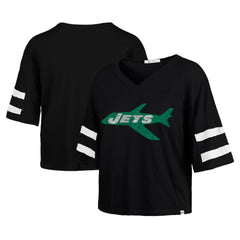 New York Jets '47 Women's Double Header Scout Cropped V-Neck T-Shirt Black - 47 brand