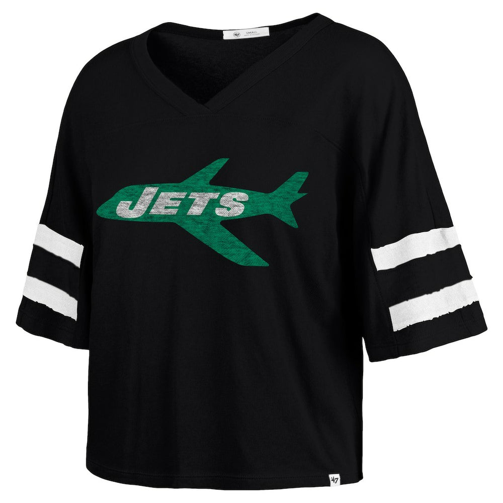 New York Jets '47 Women's Double Header Scout Cropped V-Neck T-Shirt Black - 47 brand