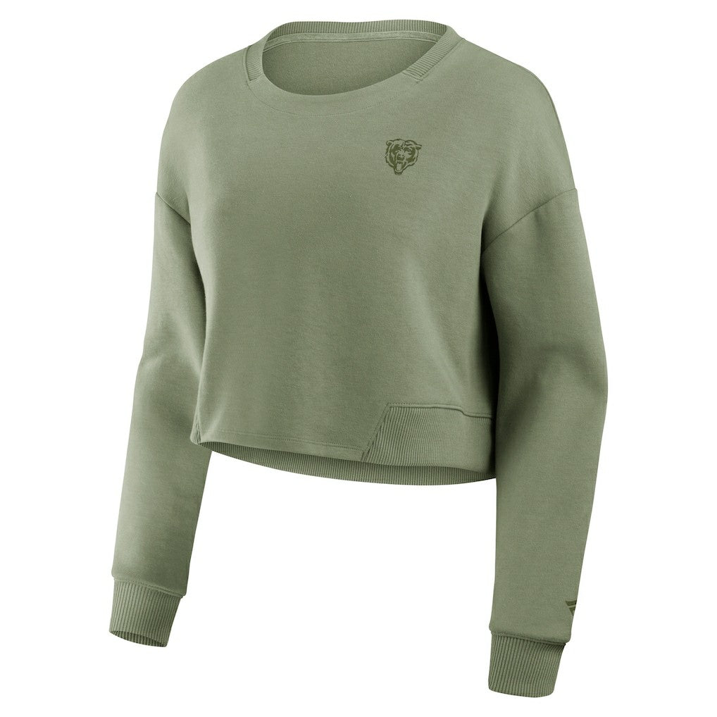 Chicago Bears Women's Studio Tri-Blend Cropped Pullover Sweatshirt Olive - Fanatics