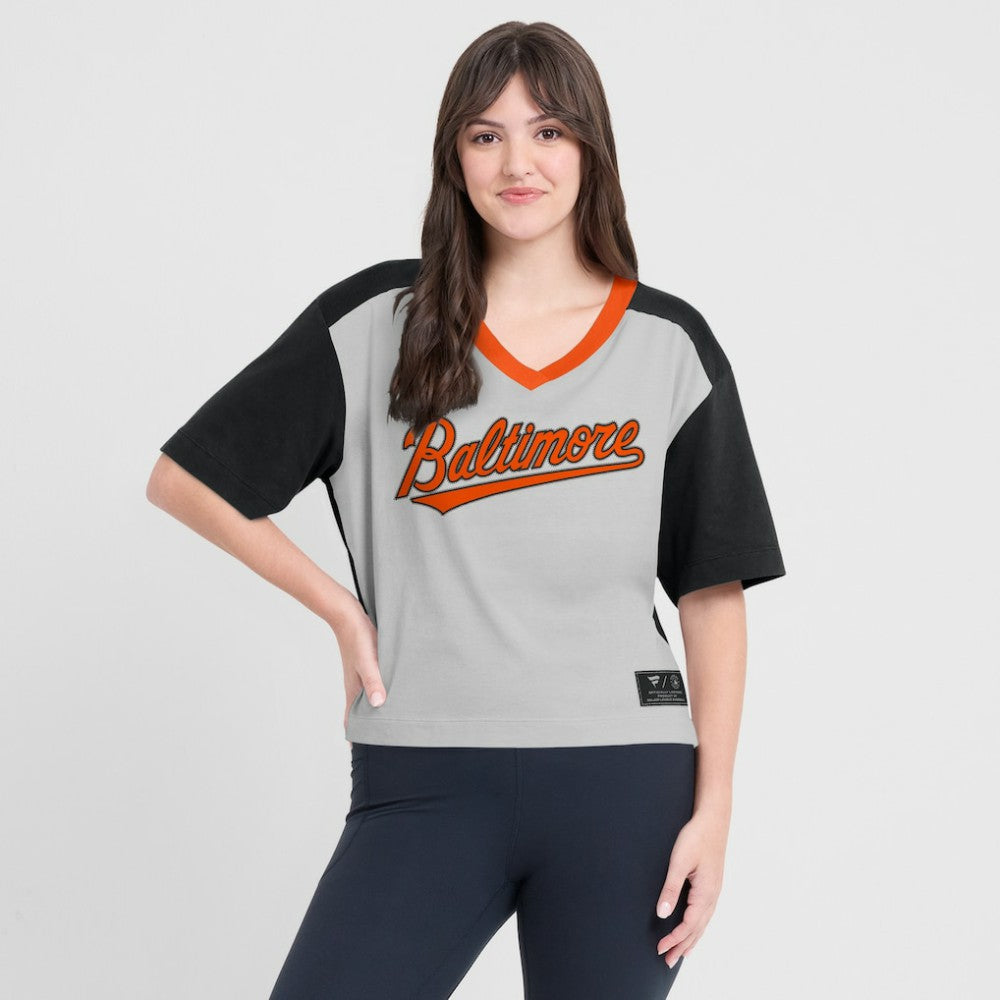Baltimore Orioles Fanatics Oversized Race To Win V-Neck T-Shirt On Sale