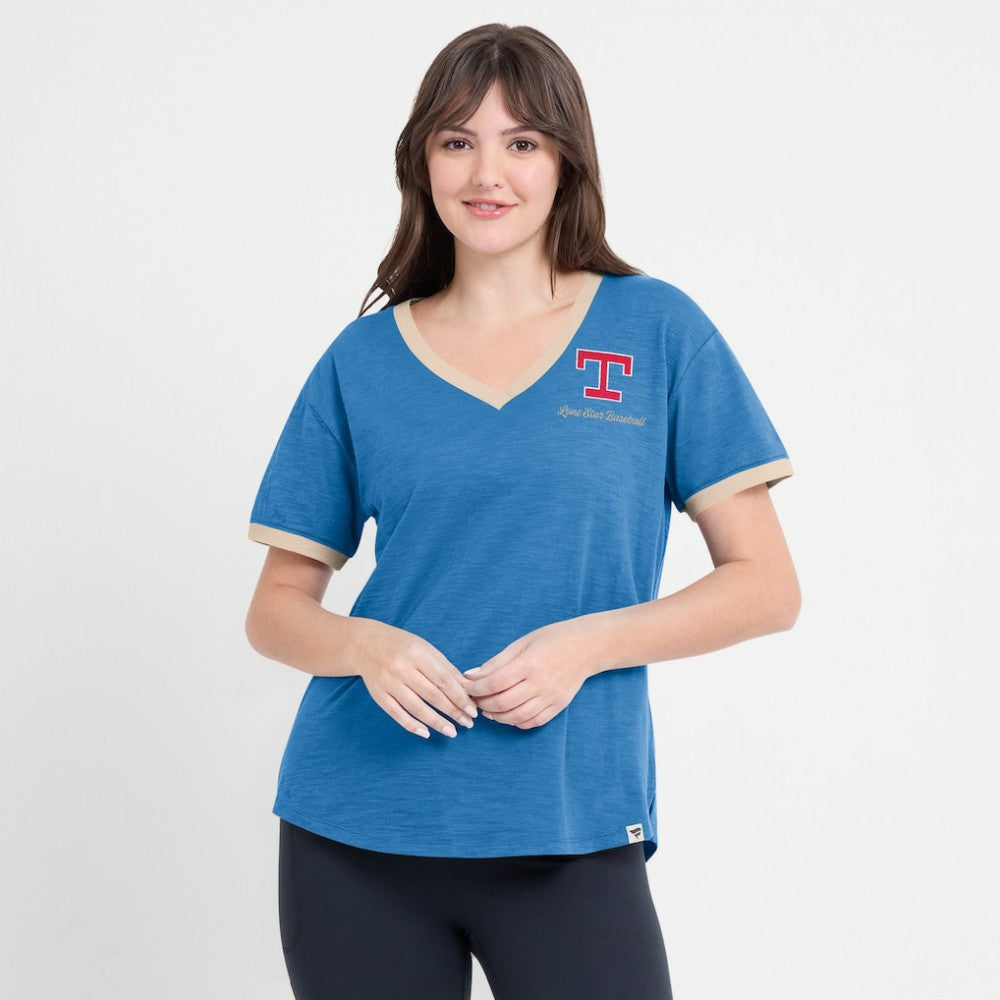 Texas Rangers Fanatics Women's Binge Worthy Stadium Slub V-Neck T-Shirt On Sale