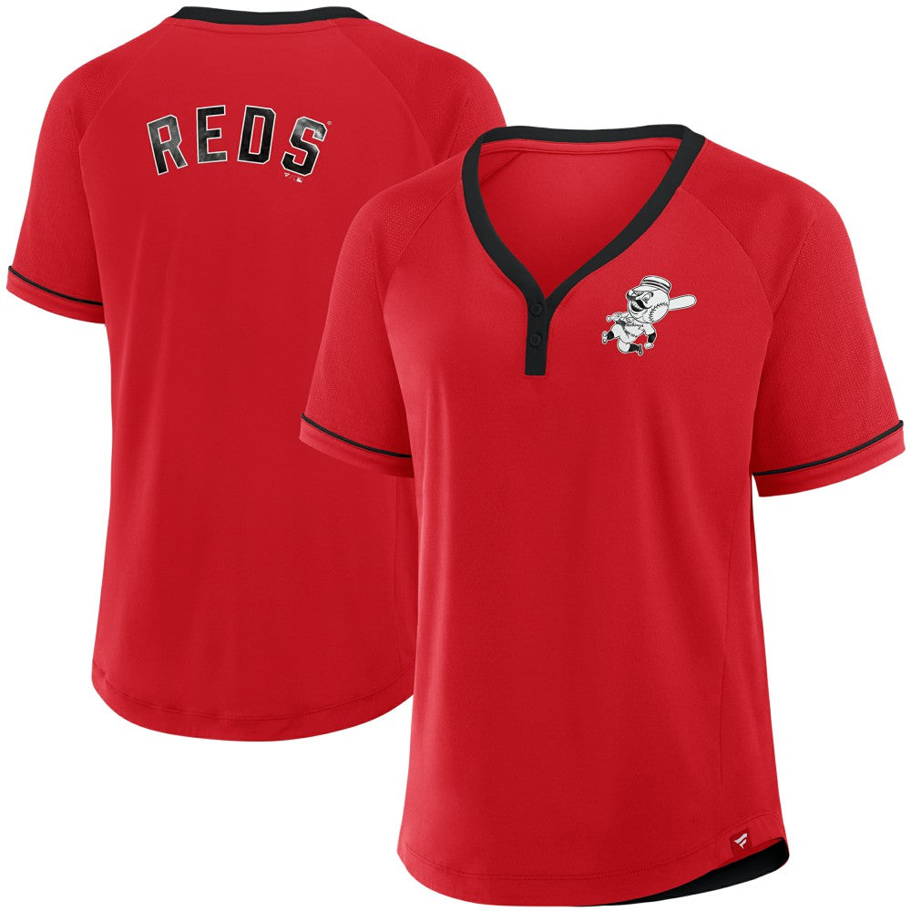 Cincinnati Reds Fanatics Women's Cooperstown Collection League Diva Raglan V-Neck T-Shirt Lifestyle