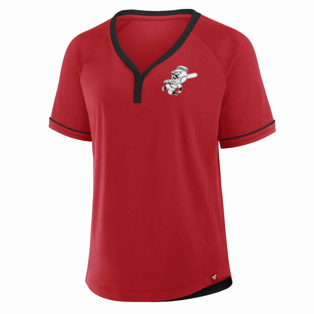 Cincinnati Reds Fanatics Women's Cooperstown Collection League Diva Raglan V-Neck T-Shirt Lifestyle