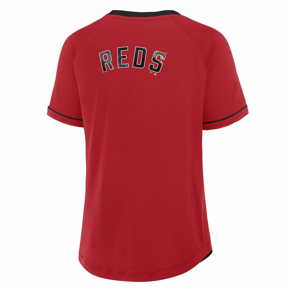 Cincinnati Reds Fanatics Women's Cooperstown Collection League Diva Raglan V-Neck T-Shirt Lifestyle