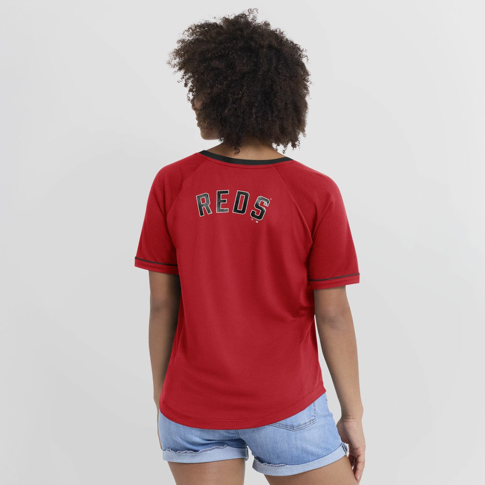 Cincinnati Reds Fanatics Women's Cooperstown Collection League Diva Raglan V-Neck T-Shirt Lifestyle