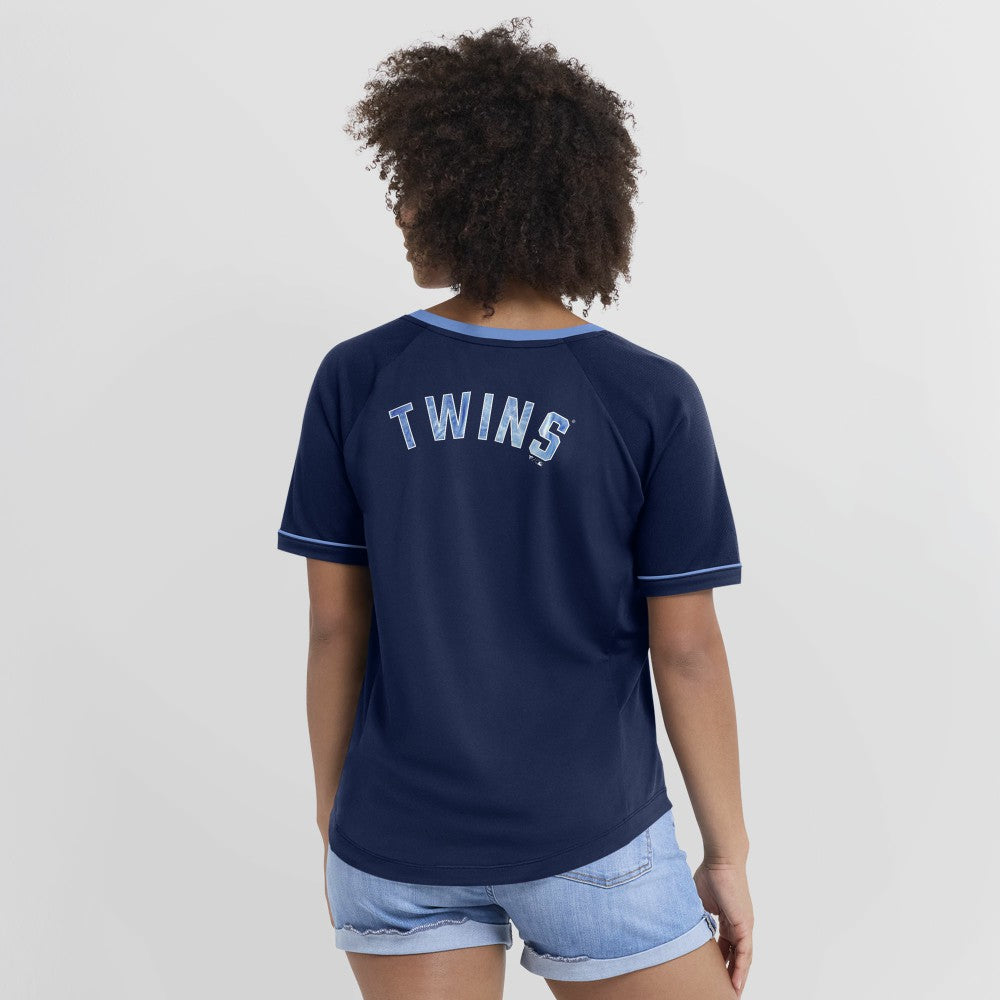 Minnesota Twins Fanatics Women's Cooperstown Collection League Diva Raglan V-Neck T-Shirt On Sale