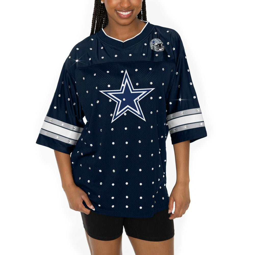 Dallas Cowboys Gameday Couture Women's Kickoff Time Allover Rhinestone Sports Stripe Jersey V-Neck T-Shirt Navy - NFL
