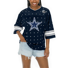 Dallas Cowboys Gameday Couture Women's Kickoff Time Allover Rhinestone Sports Stripe Jersey V-Neck T-Shirt Navy - NFL