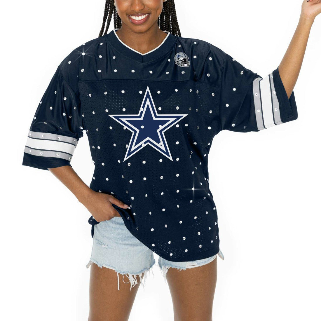 Dallas Cowboys Gameday Couture Women's Kickoff Time Allover Rhinestone Sports Stripe Jersey V-Neck T-Shirt Navy - NFL