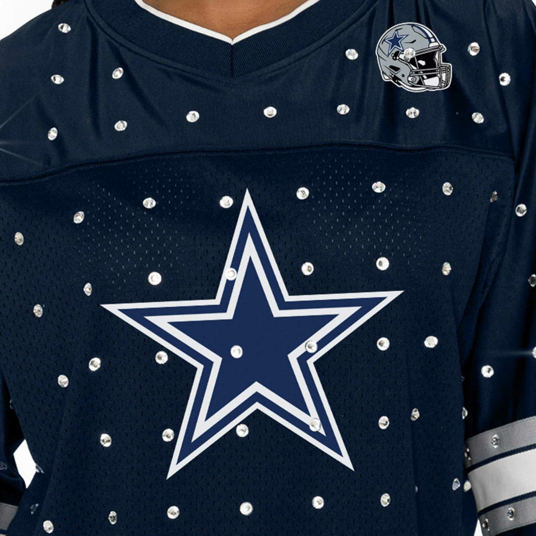 Dallas Cowboys Gameday Couture Women's Kickoff Time Allover Rhinestone Sports Stripe Jersey V-Neck T-Shirt Navy - NFL