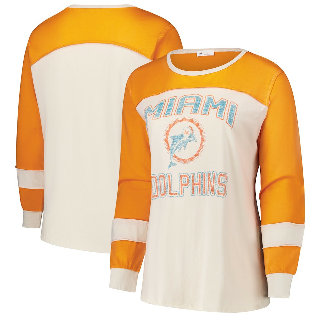 Miami Dolphins '47 Women's Plus Size Double Header Curve Toni Long Sleeve T-Shirt Cream/Orange - 47 brand