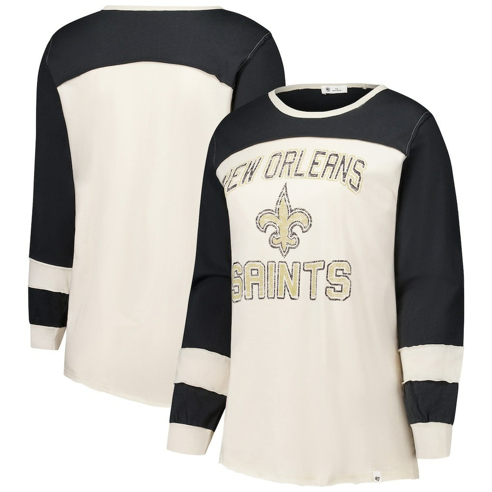 New Orleans Saints '47 Women's Plus Size Double Header Curve Toni Long Sleeve T-Shirt Cream/Black - 47 brand
