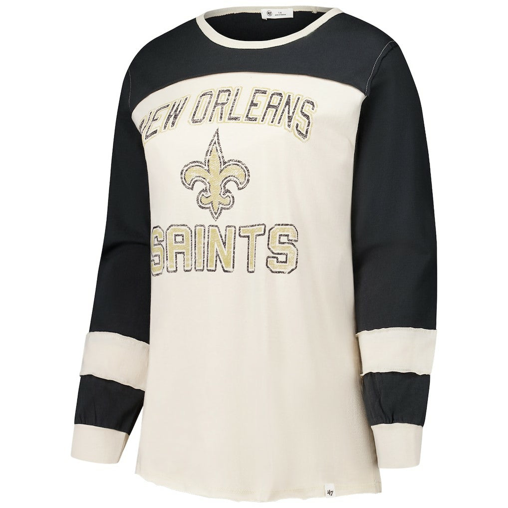 New Orleans Saints '47 Women's Plus Size Double Header Curve Toni Long Sleeve T-Shirt Cream/Black - 47 brand