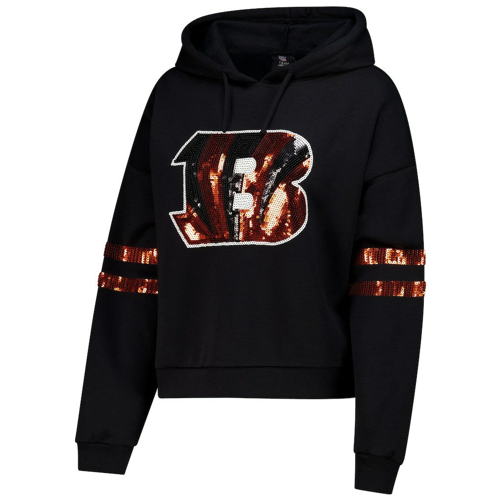 Cincinnati Bengals Cuce Women's Cropped Sequins Pullover Hoodie Black - NFL