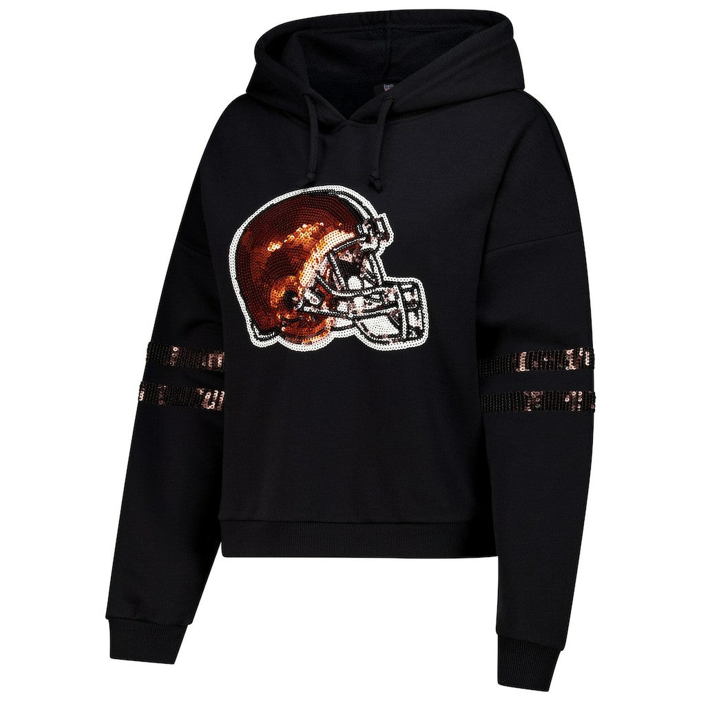 Cleveland Browns Cuce Women's Cropped Sequins Pullover Hoodie Black - NFL