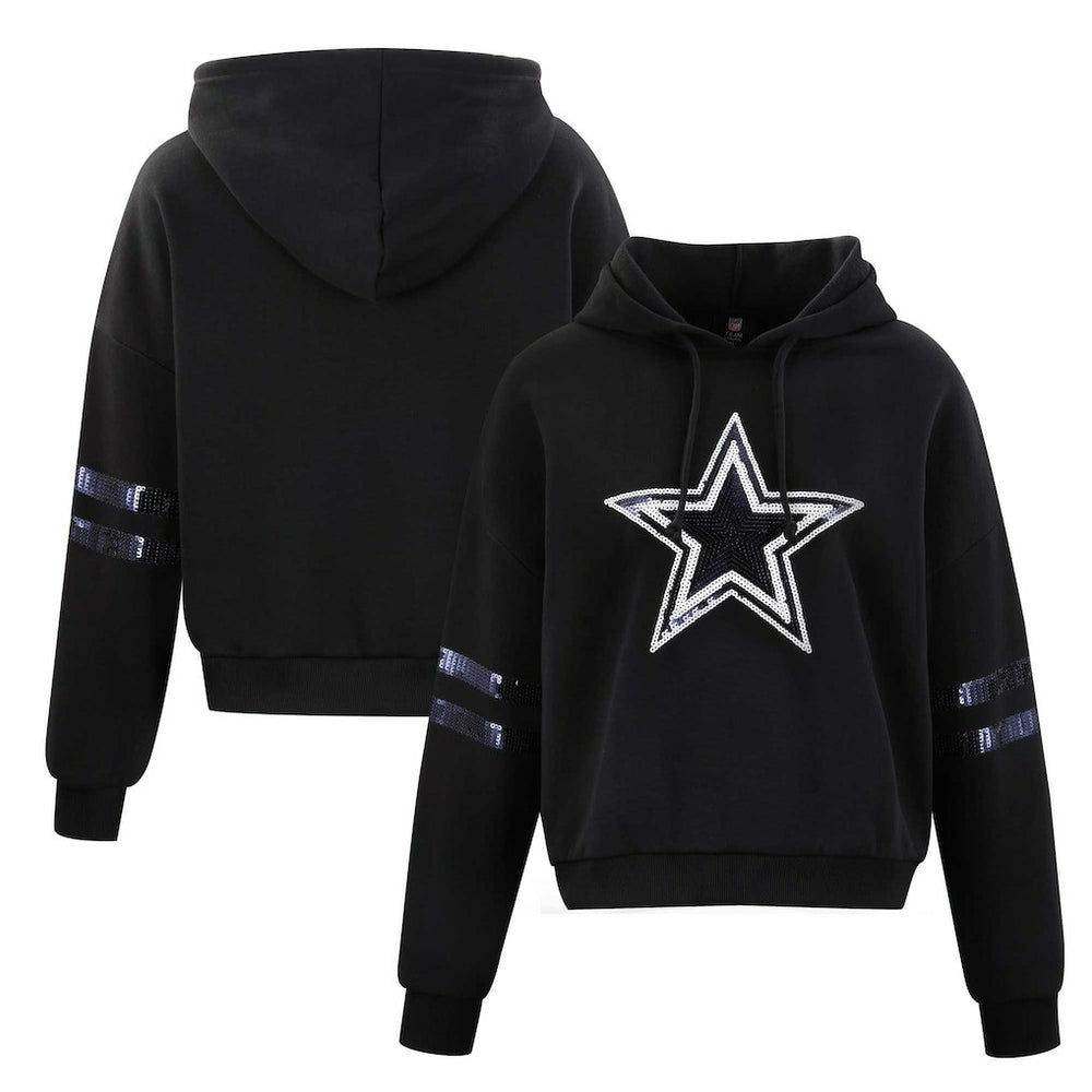 Dallas Cowboys Cuce Women's Cropped Sequins Pullover Hoodie Black - NFL